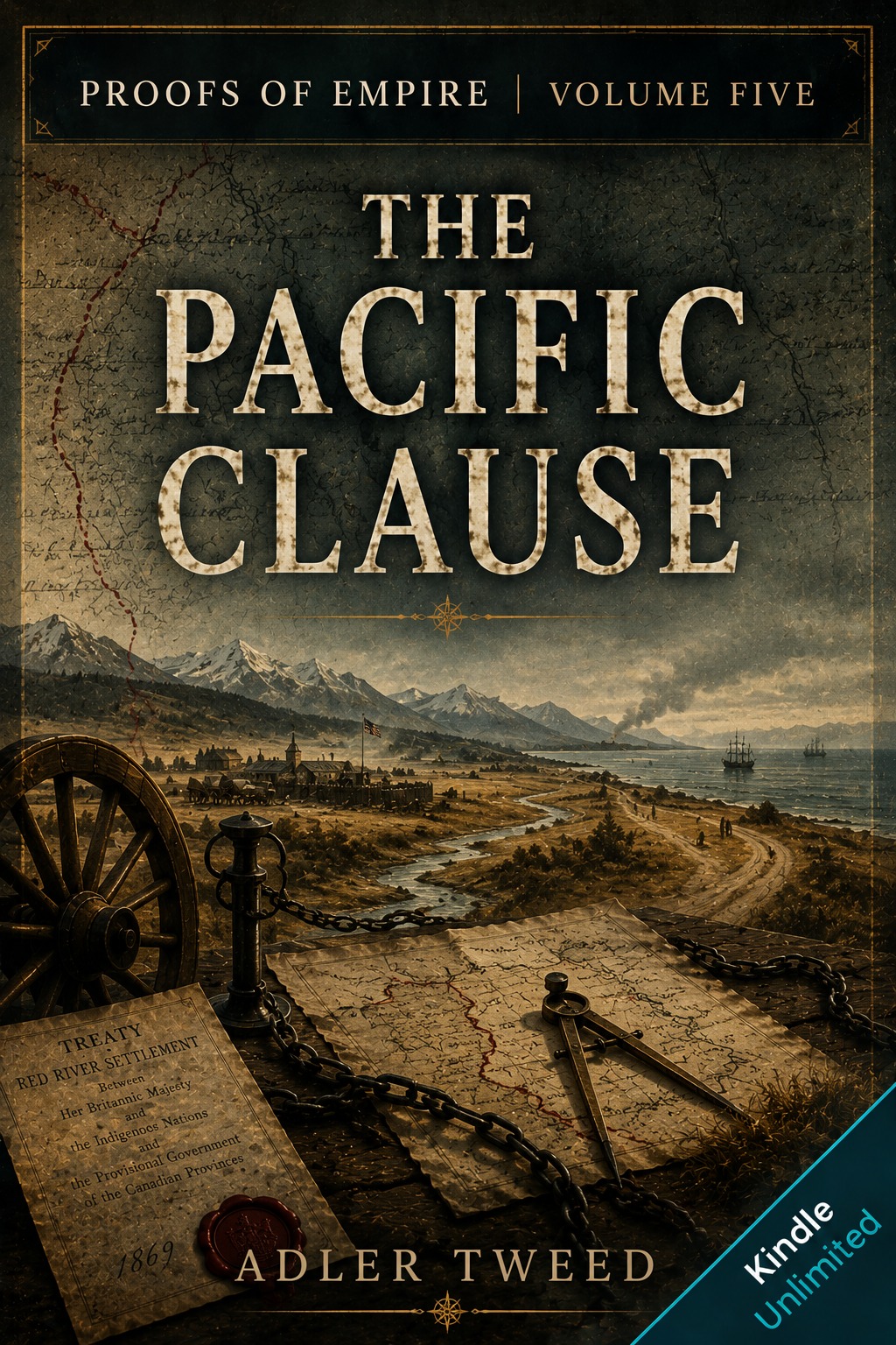 Book cover for Proofs of Empire Volume V, The Pacific Clause by Adler Tweed, showing western mountains, coastline, treaty paper, survey tools, chains, and a nineteenth-century imperial map.