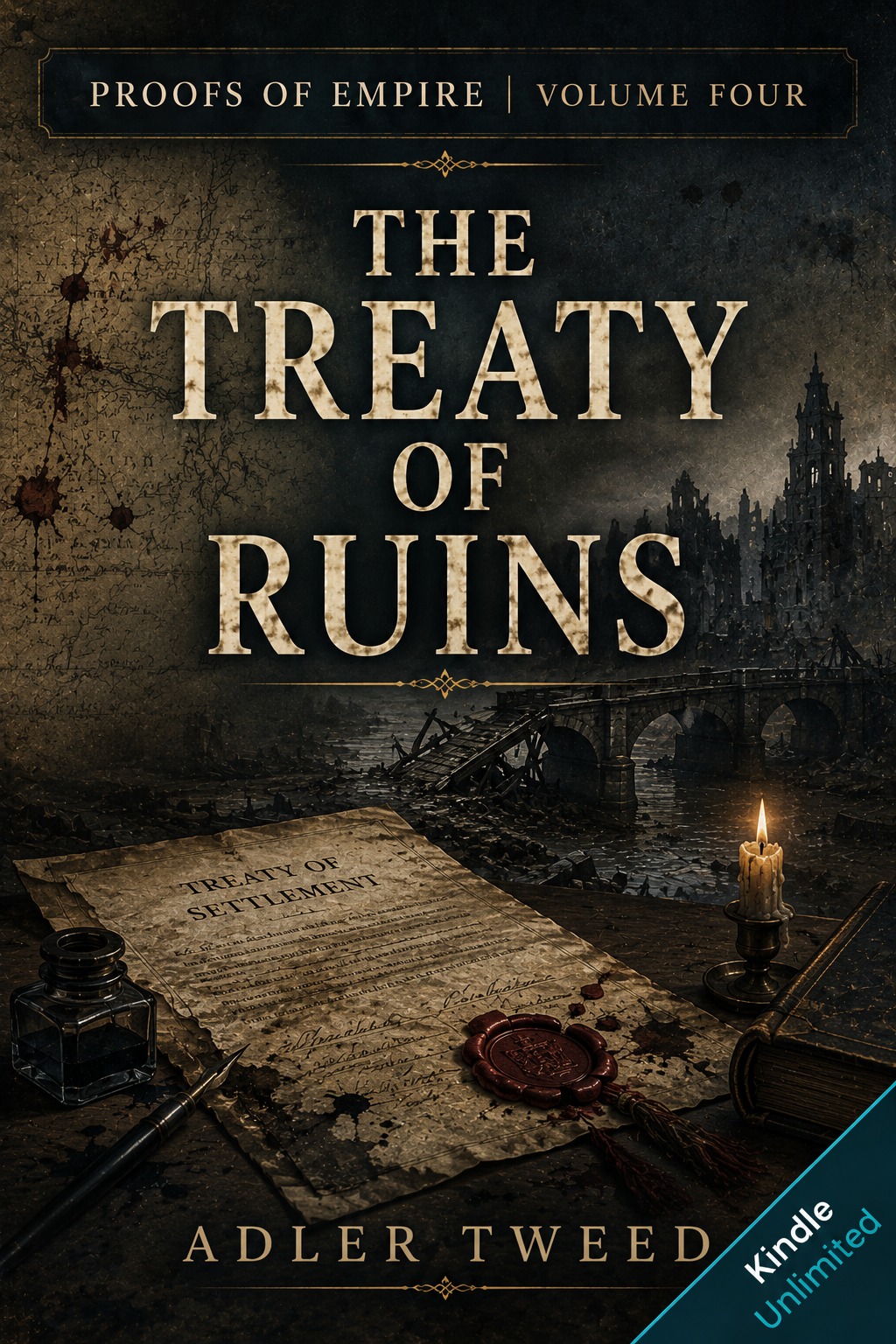 Book cover for Proofs of Empire Volume IV, The Treaty of Ruins by Adler Tweed, showing a treaty document, ruined bridge, candle, ink, and a devastated city.