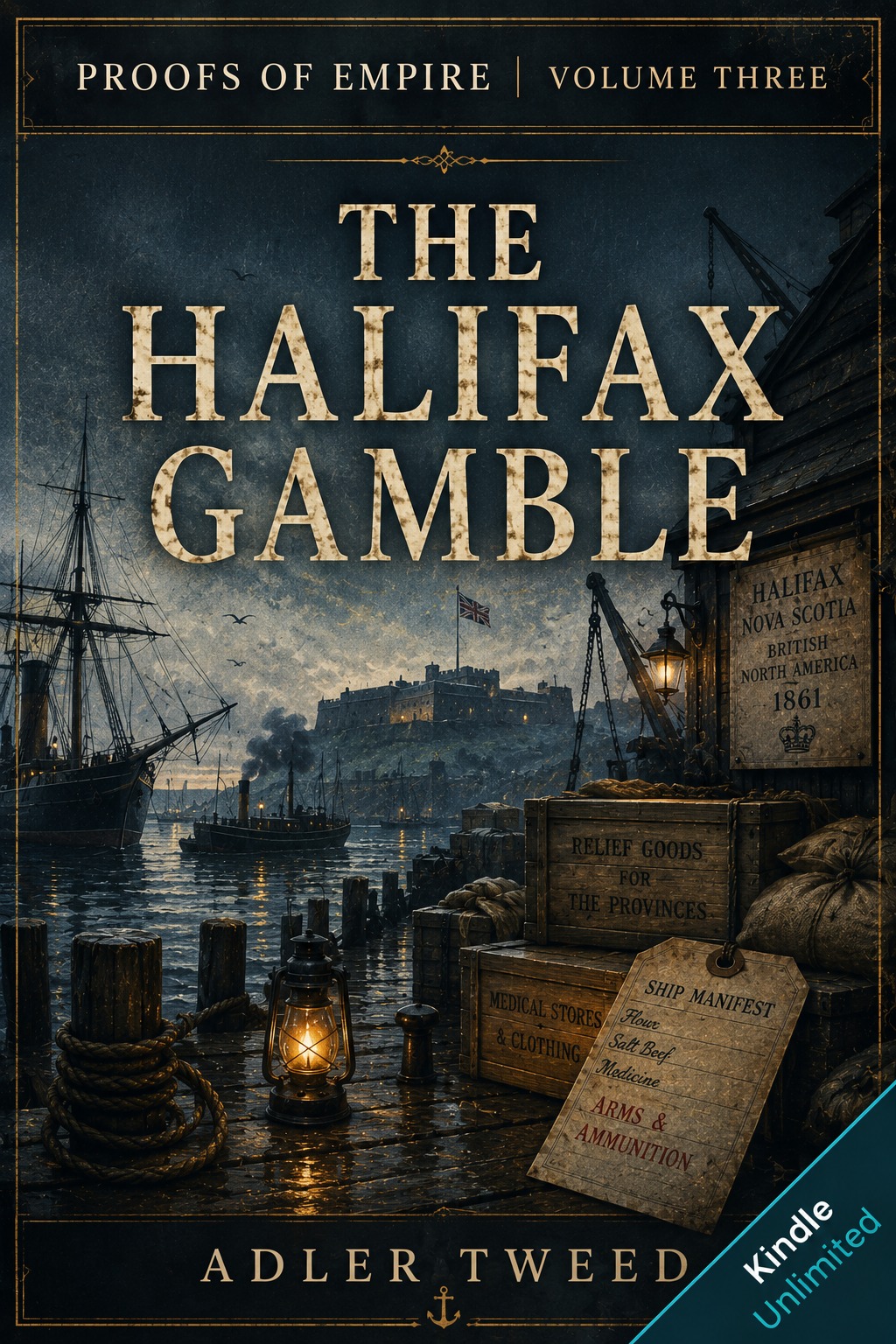 Book cover for Proofs of Empire Volume III, The Halifax Gamble by Adler Tweed, showing Halifax harbour, relief goods, ships, crates, and a wartime manifest.