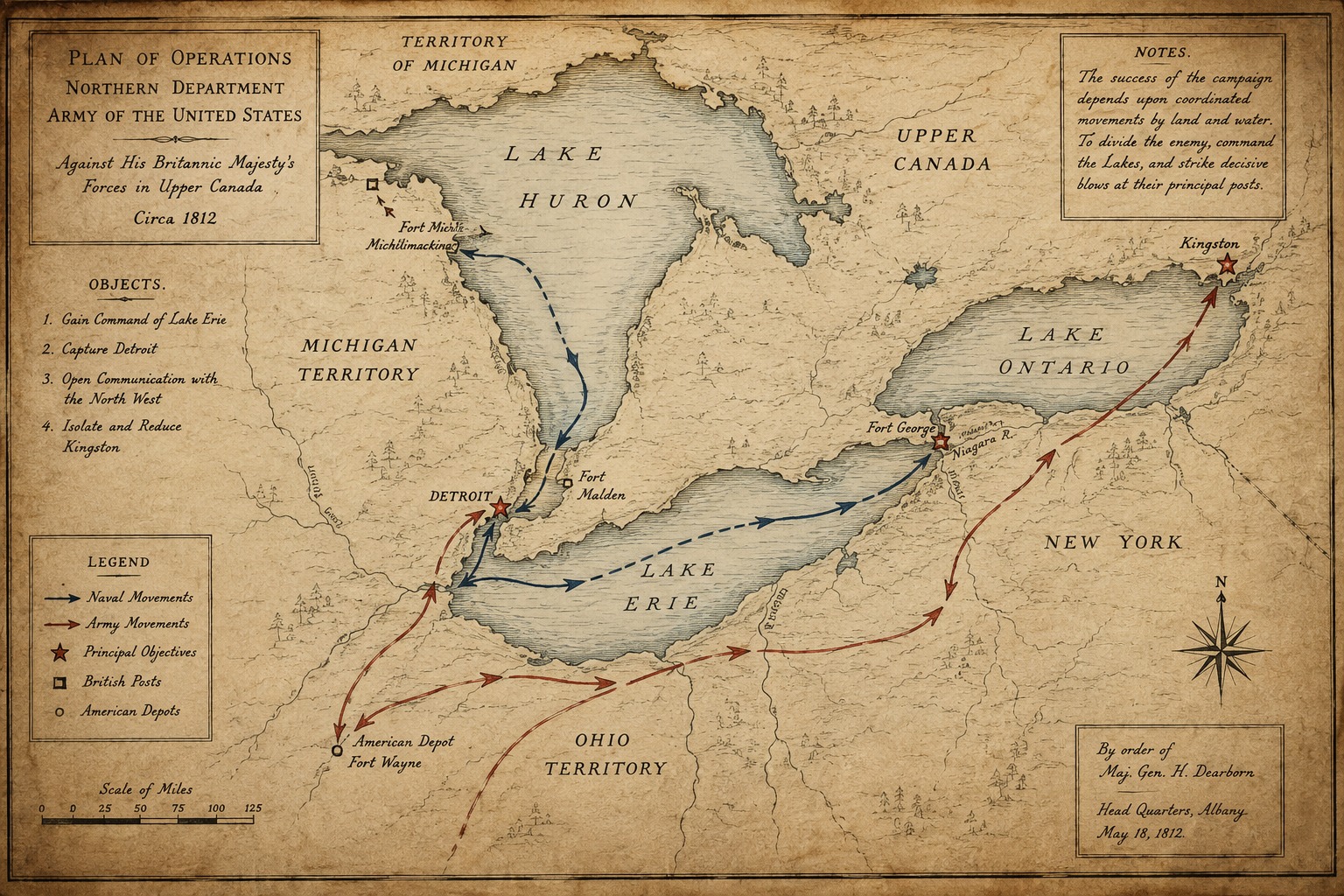 Hand-drawn campaign map of the Great Lakes region circa 1812, showing an American plan of attack into Upper Canada by land and water